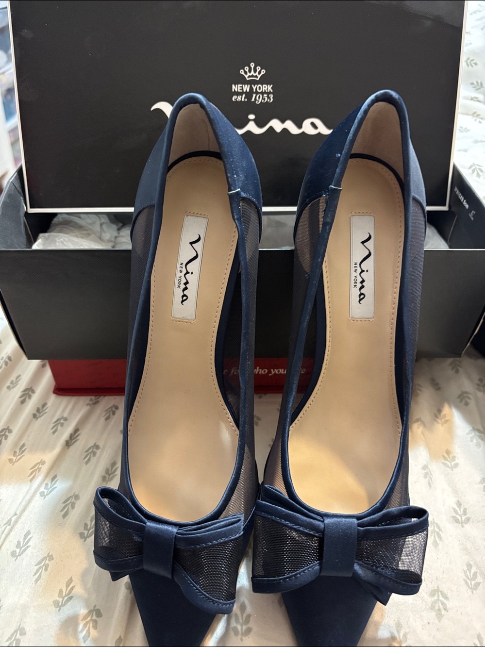 Nina Navy Pointed-Toe Bow Heels - Women's
